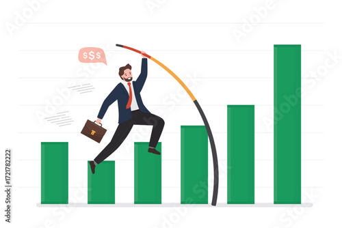 Confident businessman jumping pole vault over growth bar graph. Business growth, improvement or high percentage increase of earning and profit. Making money,