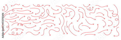 Squiggly red arrow set. Chalk elements in flat style. Doodle movement spiral arrows, scribble, lines. Hand drawn pencil brush for icon, children sketch. Vector illustration on white background.