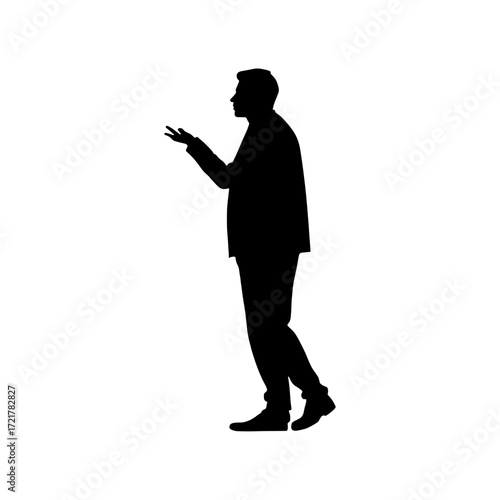 Businessman gesturing while speaking in silhouette against white background  