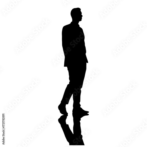 Silhouette of a man standing and reflecting on a white background  