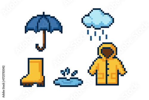 Colorful pixel art featuring rain gear and weather elements for a playful design approach