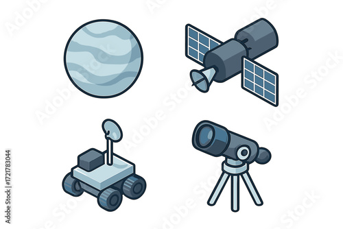 Exploring the universe with a planet, satellite, rover, and telescope in a modern design