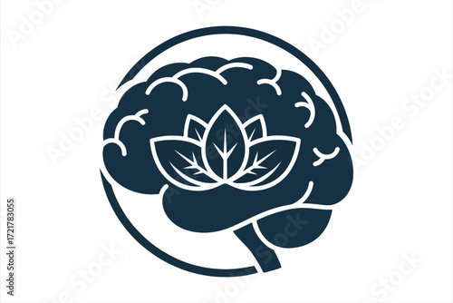Dark blue brain silhouette with white lotus flower and circular frame mind