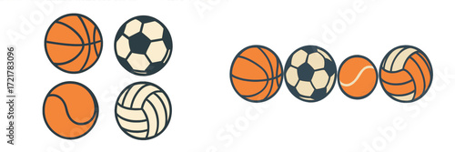 Colorful sports balls arranged in pairs on a simple background for a playful design concept