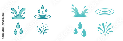 Various creative water splash and droplet designs for backgrounds or illustrations in a light blue color palette