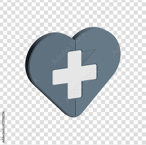 3D icon of a blue heart with a white cross in the center, symbolizing health, love, care, and medical support.
