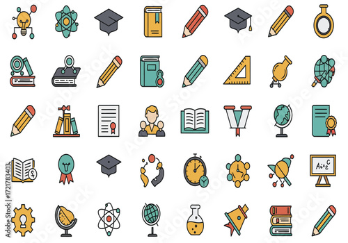 Collection of colorful flat icons representing education and learning symbols including books pencils graduation caps and science equipment