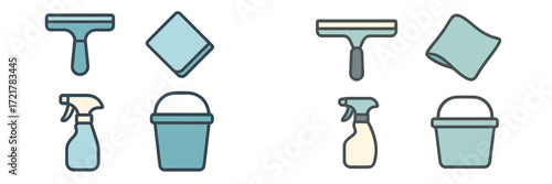Cleaning supplies arranged neatly in a graphic style showcasing various tools and equipment for household chores
