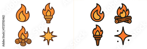 Collection of colorful fire and torch icons designed for outdoor and campfire themes