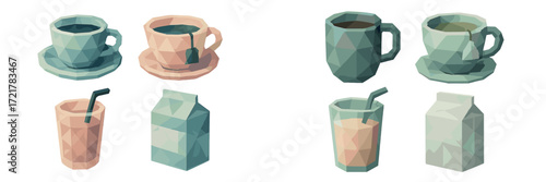 Geometric style coffee and beverage cups arranged on a simple background