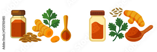 Bright spices and herbs on a clean white background showcase vibrant colors and cooking essentials