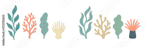 Colorful paper cutouts of coral and underwater plants arranged creatively on a white background for decoration