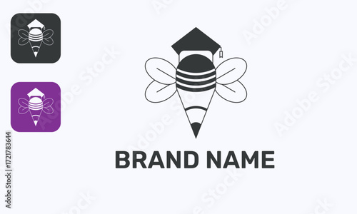 Modern Elegant Bee with Pencil Body and Graduation Cap Logo
