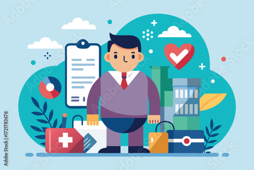 Health management concept with a professional standing among various medical and organizational tools