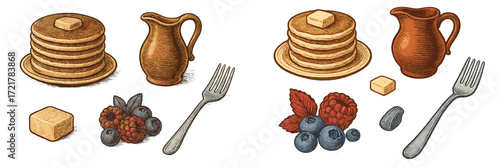Delicious stack of pancakes served with butter, syrup, and fresh berries on a breakfast table