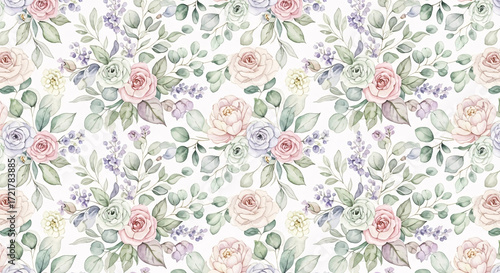 Wallpaper Mural Watercolor floral pattern with pastel roses and eucalyptus. Torontodigital.ca
