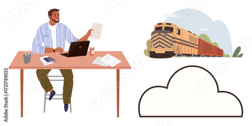 Businessman working at desk with laptop and papers while freight train rolls by and a simple cloud outline suggests digital concepts. Ideal for transportation, cloud storage, logistics, business