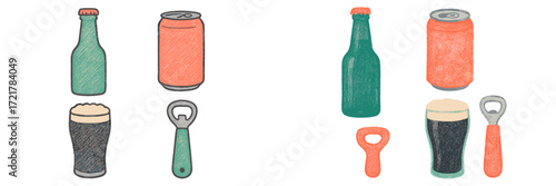 Colorful illustration of bottles, cans, glasses, and a bottle opener on a light background in a fun, simple style