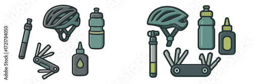 Essential cycling gear collection with water bottles, multitools, and maintenance supplies on a light background