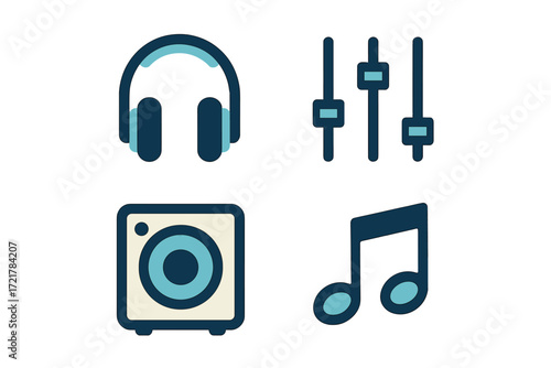 Music accessories and elements including headphones, sound mixer, speaker, and musical note in a digital style
