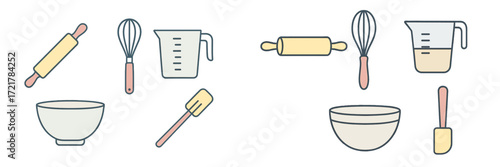 Kitchen tools and utensils arranged on a clean background for baking and cooking activities