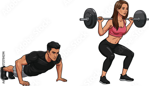 Fitness workout, push-up exercise, barbell squat, strength training, gym routine, bodyweight movement, muscle building, active lifestyle, core workout, healthy living