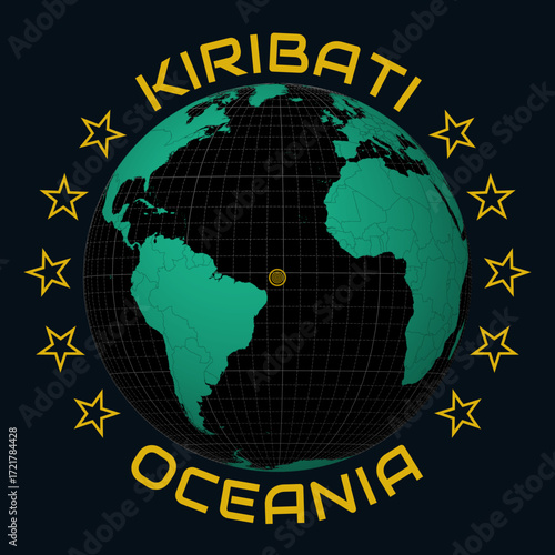 Kiribati on Globe. Round country and continent name text. Country view on world map in Black Emerald color palette. Kiribati shape on map. Elegant vector illustration.