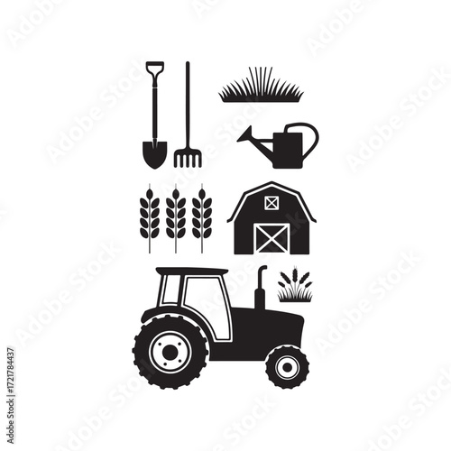Farming and agriculture icon vector set with tractor, barn, plants, wheat, and tools, creative eco symbol collection, agriculture design, rural life template illustration artwork
