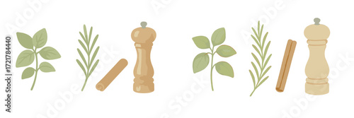 Herbs and spices arranged with wooden pepper mills on a light background showcasing culinary ingredients for cooking