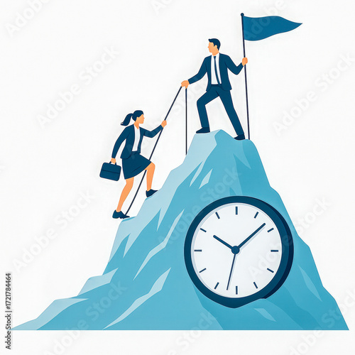 Square vector illustration of businesspeople climbing a mountain with a clock symbol, leader helping colleague reach the top with flag, symbolizing teamwork, leadership, achievement, time management