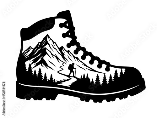 A hiking boot with a mountainous landscape and hiker, adventure, outdoors, hiking, mountains, travel