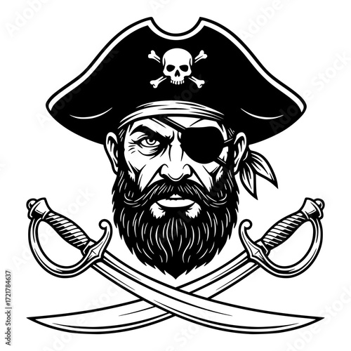 Bearded pirate captain with an eye patch and crossed cutlasses, pirate, Jolly Roger, adventure, sea, skull