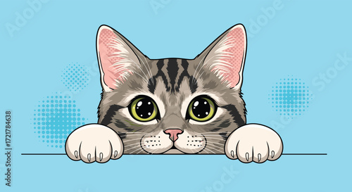 A cute tabby cat peeks over a ledge with big round eyes looking curious and playful.