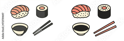 Sushi rolls and bowls with chopsticks displayed in simple and colorful design
