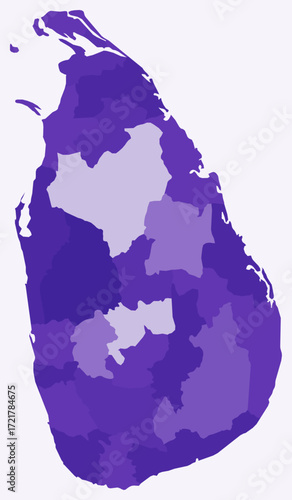 Map of Sri Lanka with regions. Just a simple country border map with region division. Deep purple color palette. Blank Sri Lanka shape with administrative division. Vector illustration.