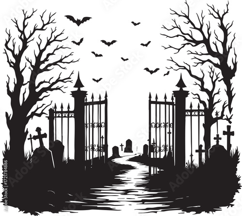 Silhouette of a graveyard with open gate bare trees and bats flying in the sky on a white background