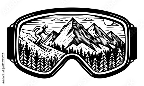 Skier downhill with mountains and pine trees in a goggle view, skiing, winter, mountain, sport, adventure