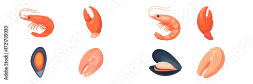 Fresh seafood collection featuring shrimp, mussels, and salmon on a plain background ideal for culinary designs