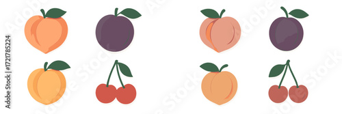 Freshly picked fruits displayed in a colorful arrangement featuring peaches, plums, and cherries in a clean design