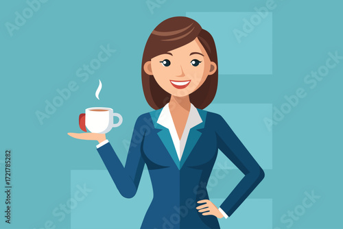 Businesswoman smiling and holding a cup of coffee while standing in a modern office environment