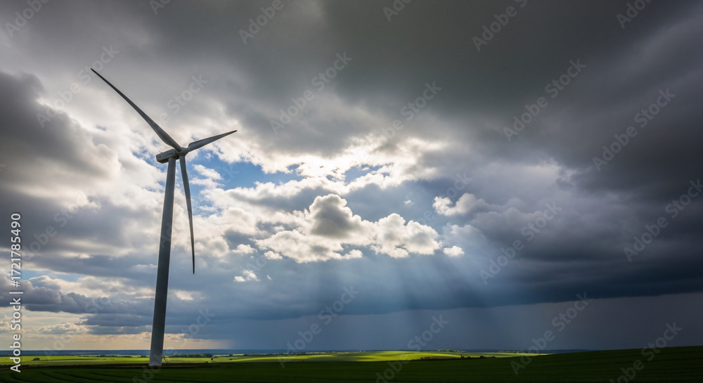 Obraz premium A lone wind turbine stands tall in a vast green field under a dramatic sky with sunbeams breaking through dark storm clouds.