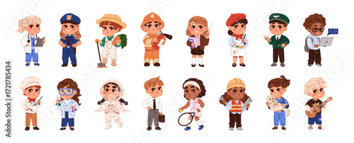 Set of cute kids with different professions. Diverse children workers have occupations: doctor, teacher, police, astronaut, fireman, chef. Flat isolated vector illustrations on white background.