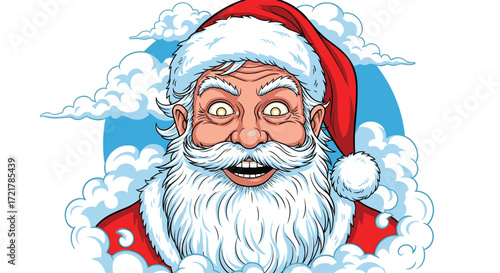 A joyful santa claus peering through clouds with a cheerful expression.