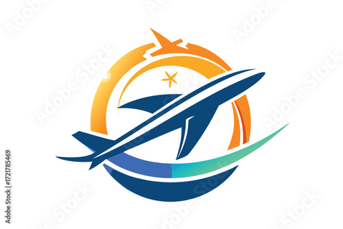 Logo featuring a plane in flight surrounded by circular design elements representing travel and adventure