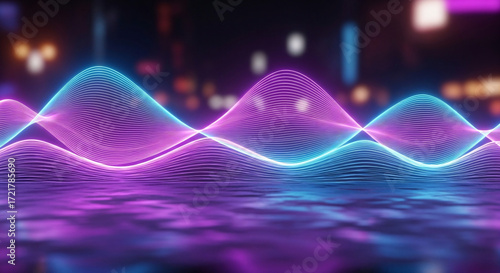 Abstract digital illustration of glowing neon waves reflecting on a surface with blurred background lights.