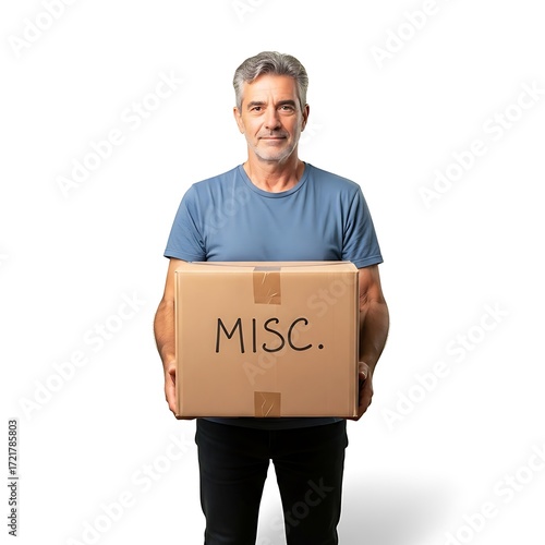 Man Holding Cardboard Box with Miscellaneous Items.