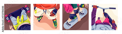 Skaters are riding top view set. People are rollerblading, skate rollers, skateboard and kick scooter from above. Men and women have fun with rollerskate, board outdoors. Flat vector illustrations.