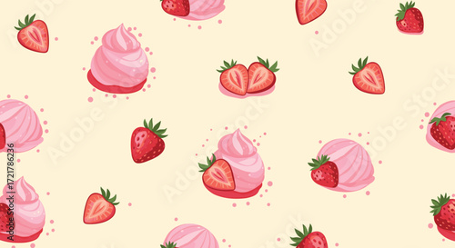 A delightful pattern featuring pixelated strawberries and sweet pink frosting desserts.