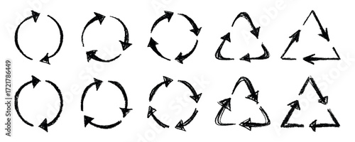 Set of hand drawn recycle arrow icon Recycling resources symbol Reuse of materials, zero waste, green environment, saving the planet