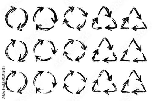 Set of hand drawn recycle arrow icon Recycling resources symbol Reuse of materials, zero waste, green environment, saving the planet